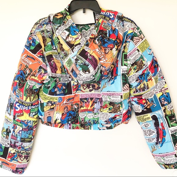 Superman Comic Print Puffer Jacket Size 